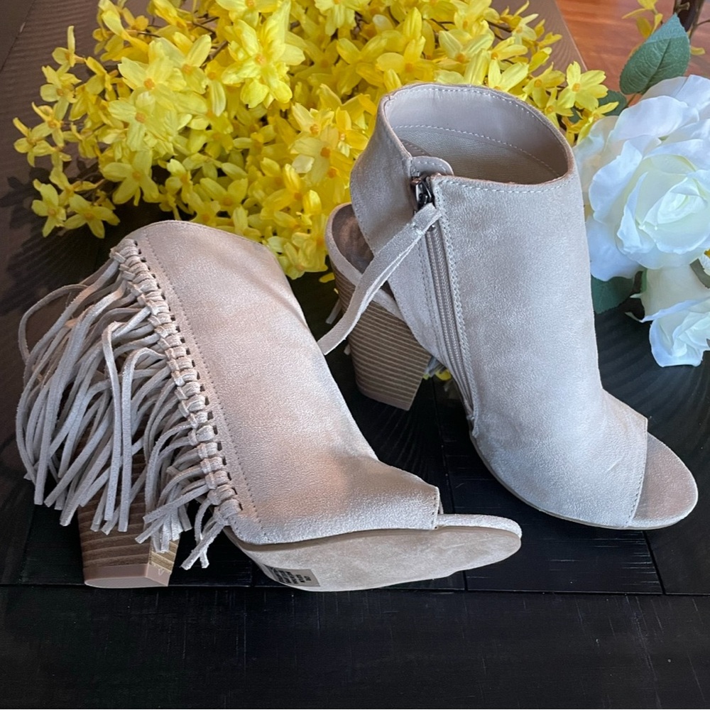 Cato Peep-Toe Suede Fringe Sandals